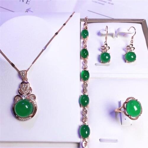 Jadery 4pcs Luxury Rose Gold 925 Sterling Silver Jewelry Sets Women Natural Green Jade Emerald Necklace/Earrings/Ring/Bracelet