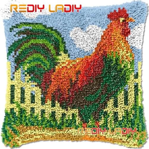 Latch Hook Cushion Farmland Cock DIY Needlepoint Kits Chunky Acrylic Yarn Arts Crocheting Lofty Pillow Case Hobby & Crafts