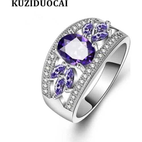 Kuziduocai New Fashion Jewelry Purple Zircon Stainless Steel Cherry Blossoms Wedding Bride Party Rings For Women Anillos R-533