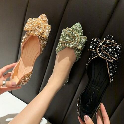 Summer Rhinestone Female Flat Shoes Female Korean Version Bow Tie Shallow Mouth Toe Tip Womens Single Shoes