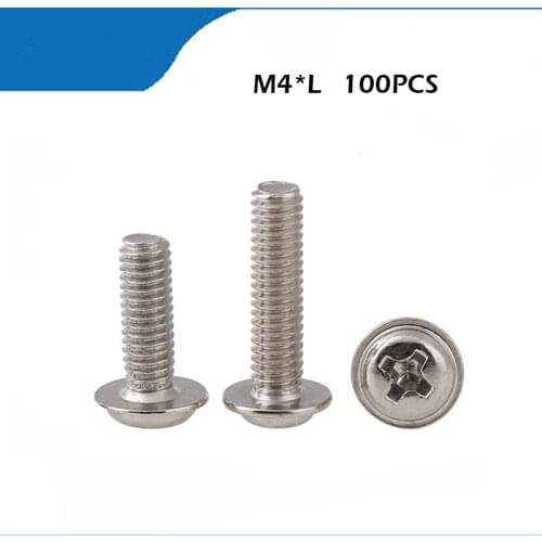 100pcs Nickel plating Combination Screw Bolt Round Pan Phillips Cross Head With Spring Washer Pad For Machine M4*16/20/25-50mm