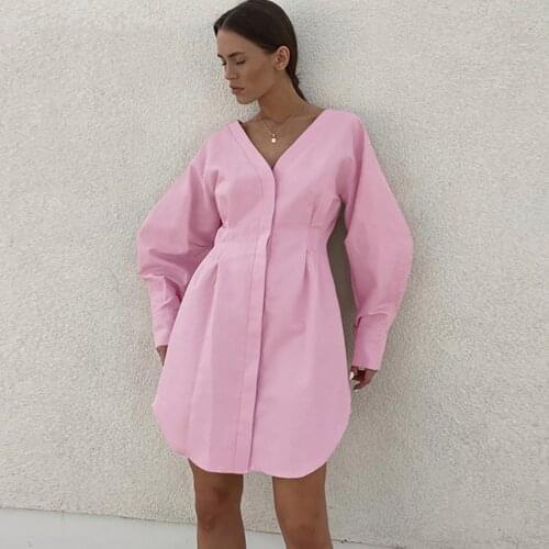 2021 Autumn New Ladies Dress Pink British Fashion V-neck Halter Lace-up Waist Long-sleeved Cotton Short Shirt Woman Skirt WE390