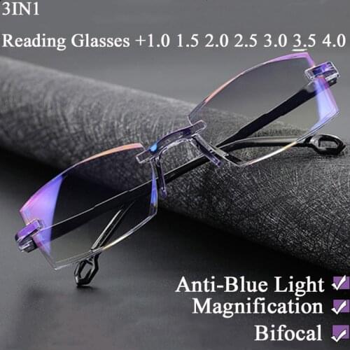 Bifocal Farsighted Anti Blue Light Reading Eyeglasses Magnification Eyewear Presbyopic Glasses Diopter Dimond Cutting+1.0To+4.0