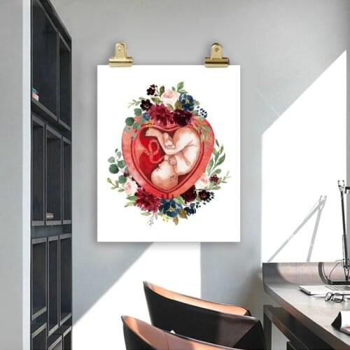 Pregnancy Watercolor Floral Print Wall Art Midwife Gift Gynecologist Doula Medical Education Poster Canvas Painting Wall Decor