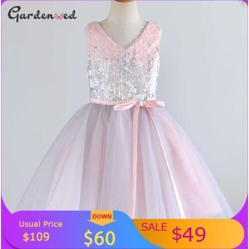 Gradient Glitter Pink Flower Girl Dress Girl Tulle Layers Little Bride Dress Backless Bow Sashes Baby First Communion Dress
