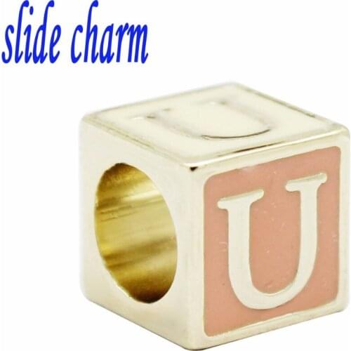 Slide charm New zinc alloy popular jewelry geometric square painted letters U charm beads fit Pandora bracelets