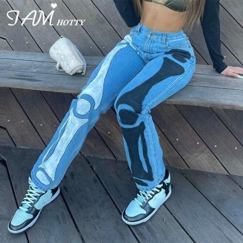 Panelled Bone Print Straight Jeans Women High Waist Baggy Denim Pants y2k Mom Jeans Cool Streetwear Vintage Trousers Iamhotty