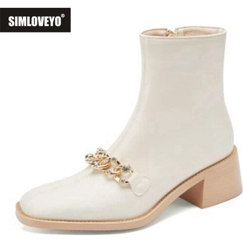 SIMLOVEYO 2021 Designer Ankle Boots for Women PU Leather Round Toe Square Mid Heel Chains Crystal Zipper Black White 31-43 S2439