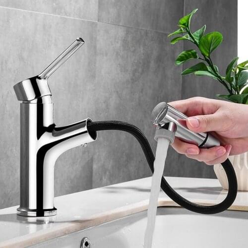 Bathroom Basin Faucet Copper Vessel Sink Tap Pull Out Sprayer 2 Function Cold Hot Water Mixer Tap Single Handle Washbasin Faucet