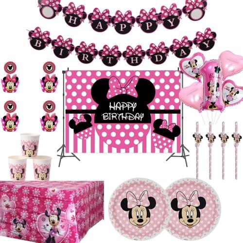 Disney Minnie Mouse Theme Disposable Paper Plate Cup Straw Tablecloth Party Supplies Girls Birthday Decorations Baby Shower