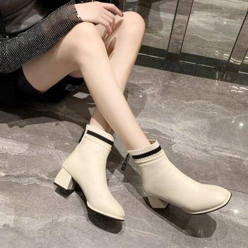 Square Heel Plus Velvet Warm Socks Ankle Boots Women Winter Fashion Womens solid color zipper boots 2020 U11-77