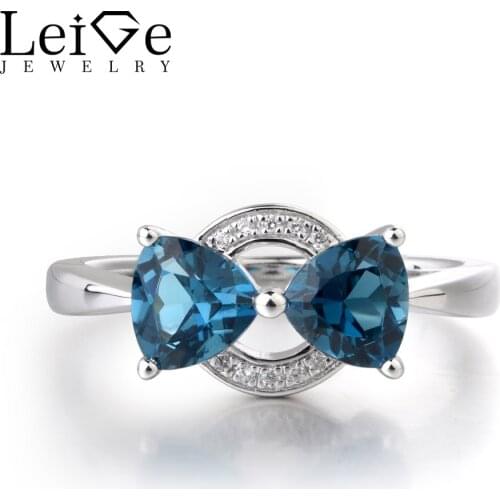 Leige Jewelry Real London Blue Topaz Gemstone November Birthstone 925 Sterling Silver Trillion Cut Double Stones Rings For Woman