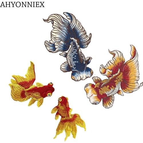 AHYONNIEX Large Black Color Fish Embroidered Patches Japan Style Sewing Stickers for Clothing Applique Diy Accessories