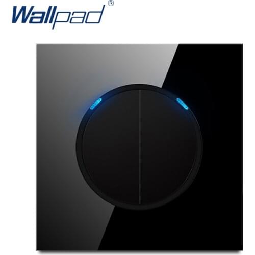 Wallpad L6 Black Glass 2 Gang 2 Way Push Return Button Wall Light Switch With LED Indicator Tempered Glass Panel