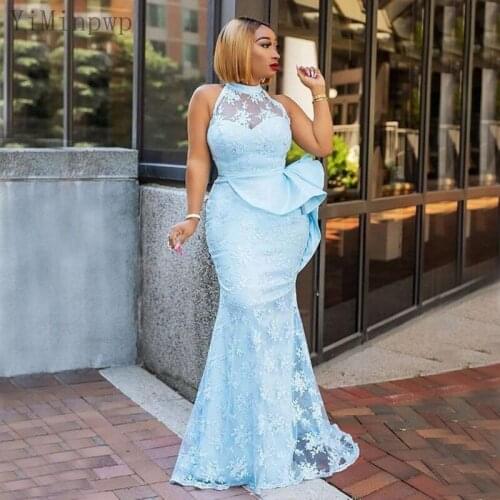 YiMinpwp Light Sky Blue Mermaid Prom Dresses O Neck Floor Length Lace Ruffles Long Women Formal Women Evening Party Gowns robes