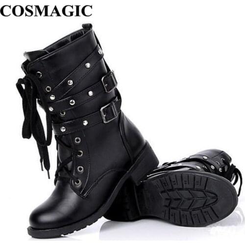 COSMAGIC 2020 New Winter Women Buckle Motorcycle Boots British Style Gothic Punk Low Heel Black Botas Mujer Shoe Plus Size