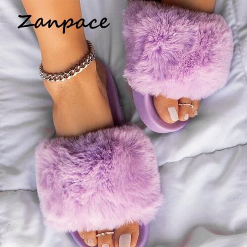 ZANPACE 2020 Women Outdoor Fur Slippers Summer Plus Size 43 Casual Fashion Shoes Woman Plush Home Slippres Flat Sandals