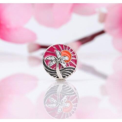 Bewill Hot Sale 925 Sterling Silver Beach sunset coconut tree charm Fit Original Bracelet Women Jewelry Making Gift