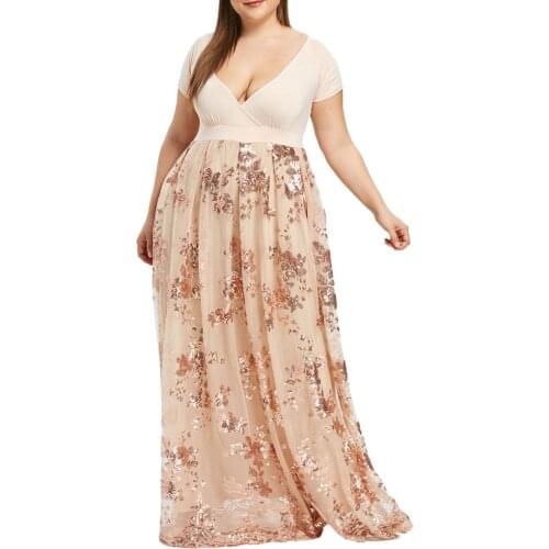 Floral Dresses Sequined Vestidos Dress V-neck Short Sleeve Loose Evening Party Mesh Femme Robe Plus Size Floor-length Sukienka