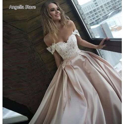 Off Shoulder Champagne Wedding Dresses With Detachable Overskirt Lace Appliqued Long Bridal Gowns A Line Satin Country Vestido