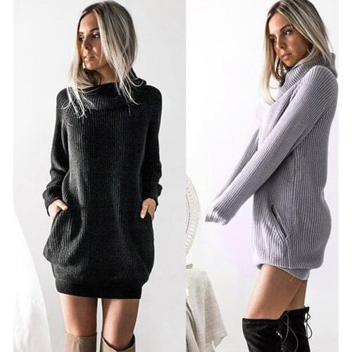 S-5XL Plus Size Women Winter Dress Long Sleeve Knit Turtleneck Sweater Clothes Casual Ladies Mini Dresses Autumn Female Costume