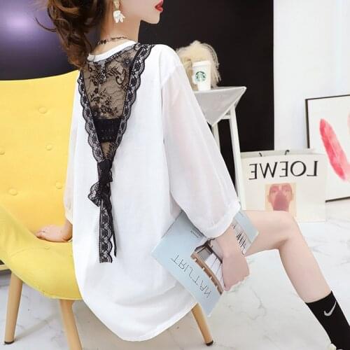 #0629 Black White Backless Short Sleeve T Shirt Women Spliced Lace Thin Sexy Asymmetrical Top T-shirt Bat Sleeved Summer