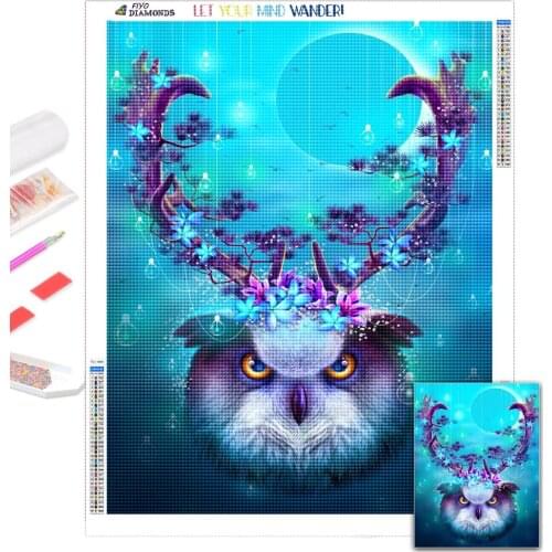5D DIY Diamond Painting Owl with Horn Diamond Embroidery Art Flower Cross Stitch Kit Animal Bird Picture Home Decor cuadros