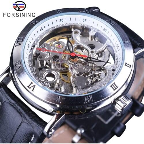 Forsining Waterproof Gear Flower Movement Transparent Genuine Leather Men Skeleton Mechanical Automatic Watches Top Brand Luxury