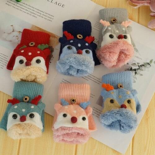 Elk children gloves winter plus velvet cold and warm factory direct sales cartoon half-finger clamshell gloves wholesale stock