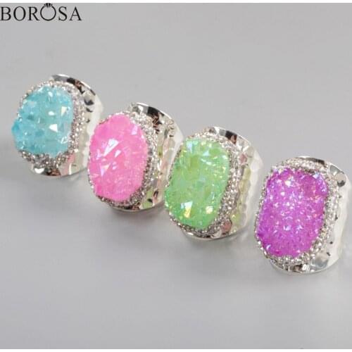 BOROSA 5Pcs Silver Color Agates Druzy Band Ring with Rhinestone Paved Rainbow AB Plating Druzy Rings Jewelry JAB965