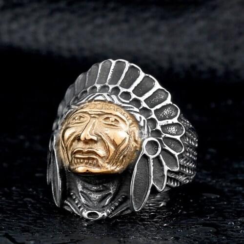 Vintage Indian Warrior Titanium Steel Skull Biker Gothic Punk 316L Stainless Ring For Men Retro Male Design Round Bands Rings