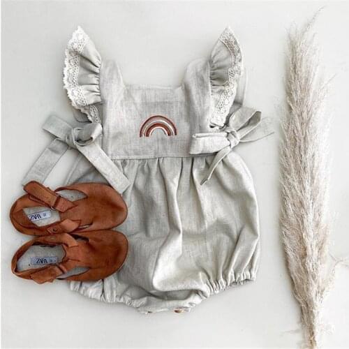 Newborn Kid Baby Girl Clothes Summer Rainbow Embroidery Sleeveless Romper Ruffle Gray Jumpsuit 1PC Sunsuit Outfit 0-24 M