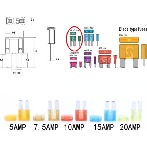 10pcs Micro 2 Blade Fuses Kit Vehicle Circuit Protection 5A~20A