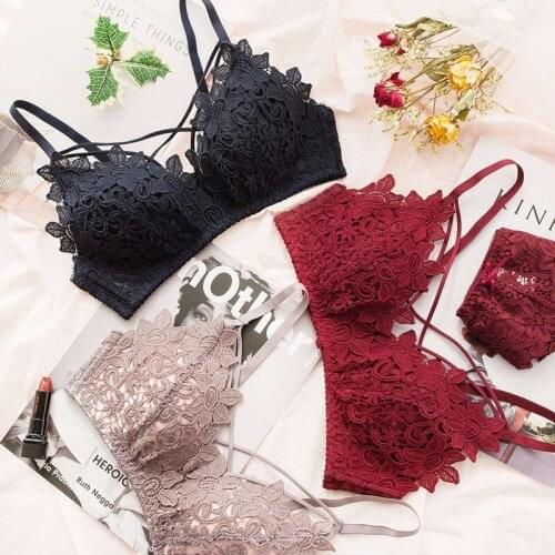 Wasteheart Women Fashion Lace Ruffle Hollow Out Bra Sets Adjustable Straps Bralette Cotton Panties Push Up Underwear Lingerie