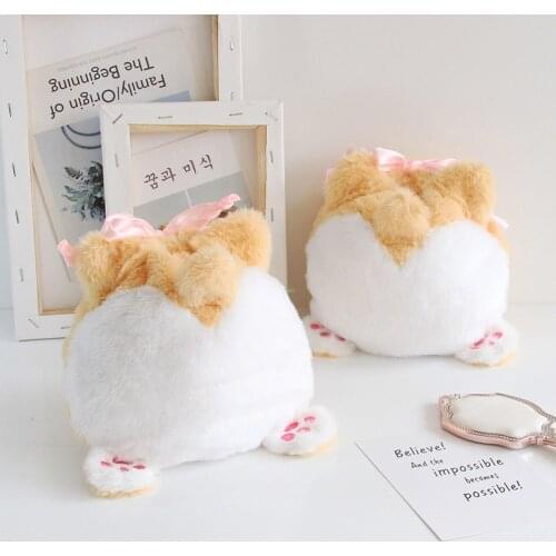 Cartoon Cute Corgi Butt Drawstring Pocket Plush Soft Coin Purse Wallet Travel Storage Bag
