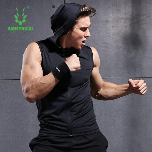 Running Jacket Men Solid Black Long Sleeve Hooded Sportswear Training Fitness Zipper Sleeveless Gym Clothing Workout Active Top