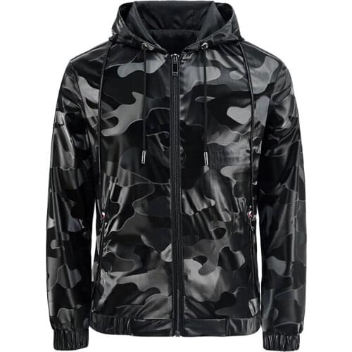 2020 New Mens Jacket Camouflage Jacket Men Leather Jacket Faux Leather Mens Clothing Sports Zipper Slim Military