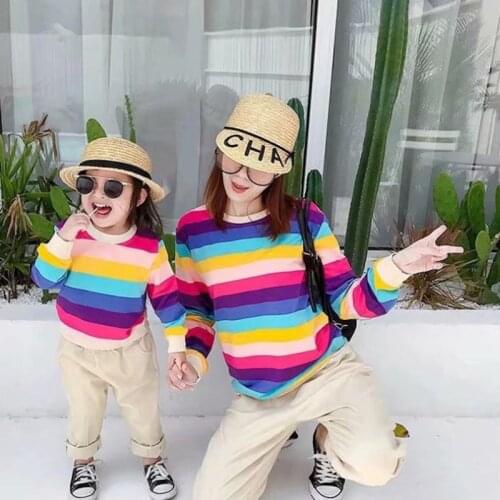Family Matching Outfit Cotton T-shirts Mother Father Kid Fashion Full Sleeve Mother Daughter Parent-child Rainbow Clothes
