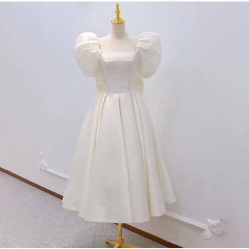 Prom Dress Square Collar Fashion Knee-Length Empire Short Sleeves Pleat Bow Backless A-Line New For Women Party Prom Gown B821