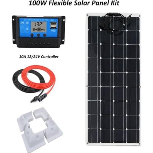 Portable Solar Panel System Flexible 100W plate CELLS Monocrystalline silicon Panels+10A LCD solar controller+cable+ABS bracket