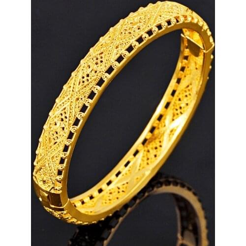 Luxury 24k Gold Color Ethiopian Cuff Gold Bangles For Women Dubai Ramadan Open Bangle Bracelet Bride Wedding Jewelry Pulseras
