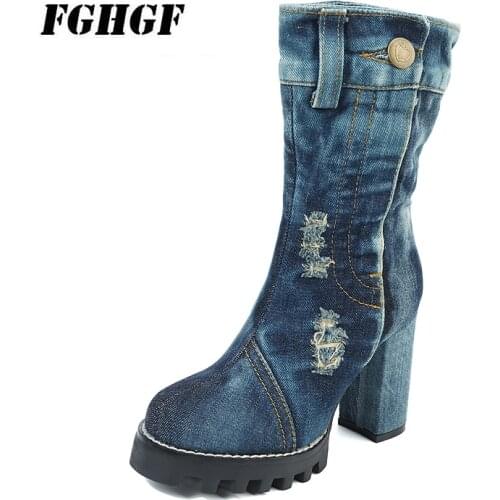 Denim boots High-heeled womens boots personality do old denim womens shoes zipper size boots Large size 35 to 41