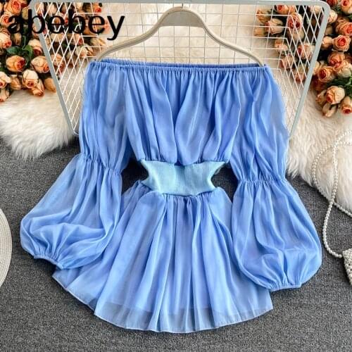 2021 New Summer Temperament slash neck puff sleeve Shirt high waist pleated waist off shoulder solid color Shirt Top