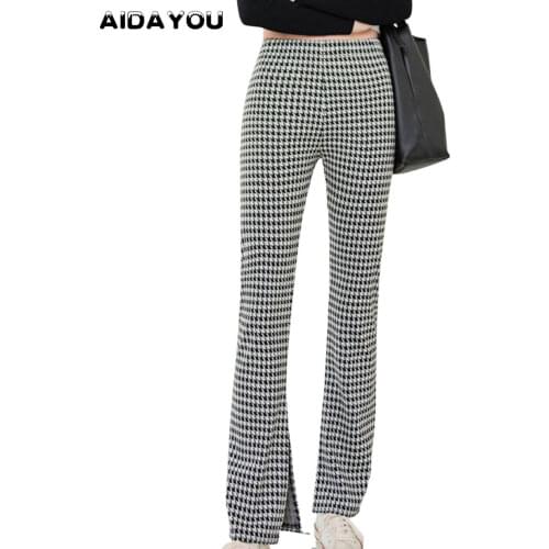 Womens Casual Pants Houndstooth Pattern Wide Leg Straight Trousers Elastic High Waist Soft Comfort 2XL XS ouc206