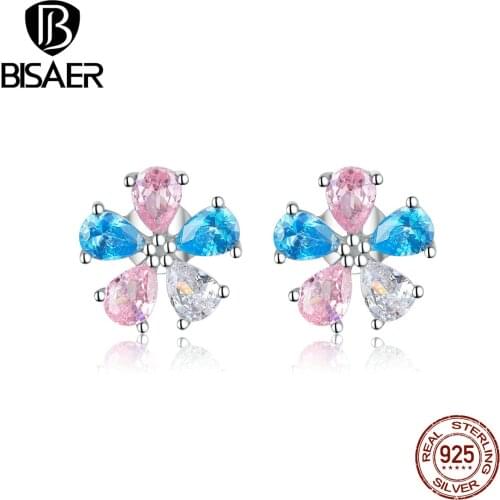 BISAER Silver Earrings 925 Sterling Silver Colorful Flower Shape Exquisite Women Earrings Long Chain Earrings Jewelry EFE412