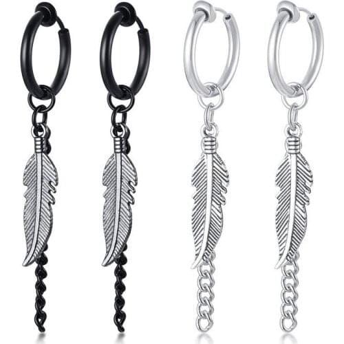 Punk Men Feather Cross Bar Dangle Earrings for Women Stainless Steel Long Tassel Earrings Unisex Piercing Ear Clip Jewelry