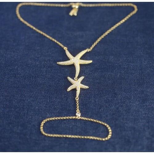 SLJELY Fashion Real 925 Sterling Silver Double Starfish Fine Bracelet Micro Zircon CZ Women Adjustable Hand Back Chain Jewelry