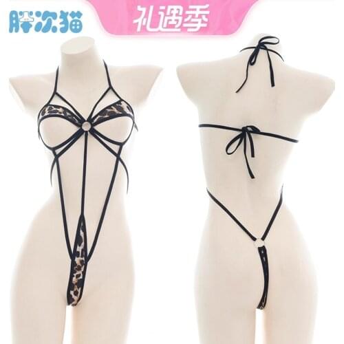 New So Sexy Female Bodysuit Lovely Leopard Pattern Bikini Set Lolita Hollow Out Pajamas Private Lace Up Jumpsuits Underwear Set