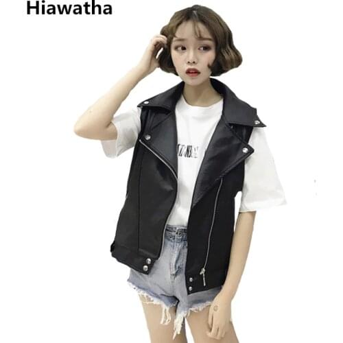 Hiawatha Women PU Leather Vests Punk Style Zippers Turn-down Collar Jackets Female Black Sleeveless Coat BL011