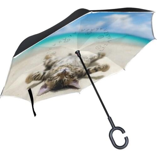 A Cat Lying On Beach Printed Reverse Umbrella Creative Modern Upside Down Umbrella With C-Handle Double Layer Inside-Out For Car